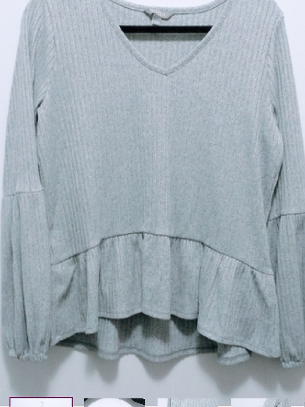 Falls Creek Light Gray Ribbed V-Neck Peplum Top